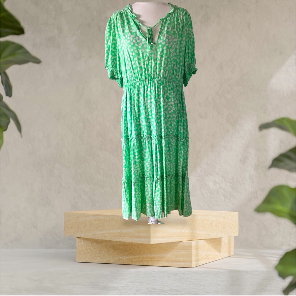 WHO WHAT WEAR Maxi Dress Tiered Short Sleeve Elastic Waist Pink/Green Size XXL